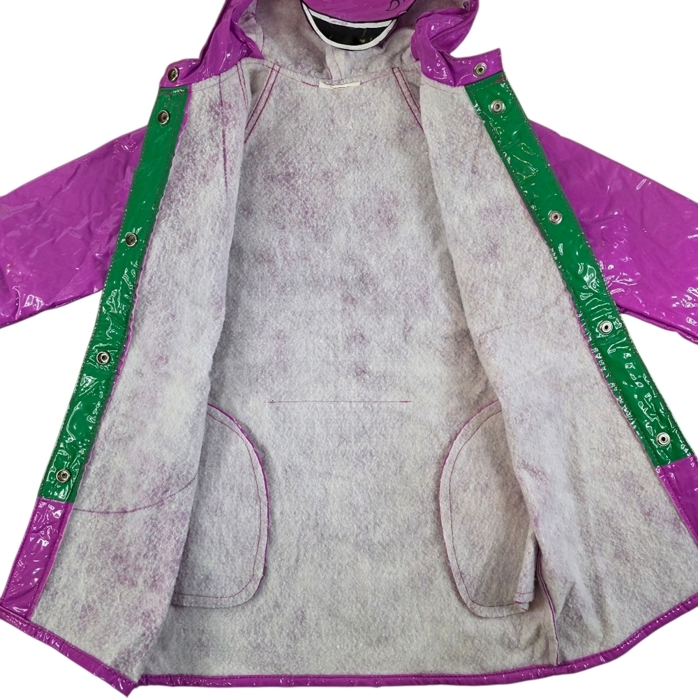 Vintage 90s Barney Dinosaur Kids Raincoat Hooded Purple PVC Jacket Costume - Picture 11 of 16